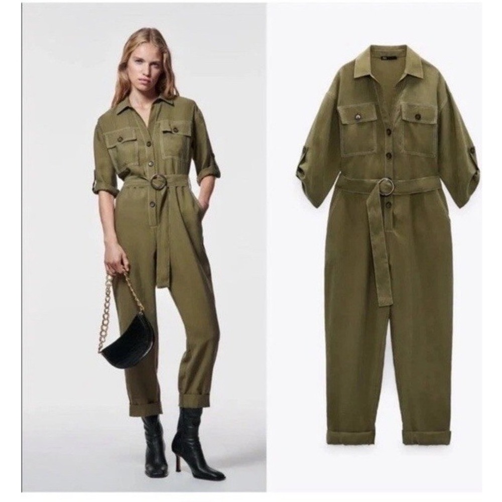 Zara Women Olive‎ Green Jumpsuit Military Style Utility Belted XS NEW Safari